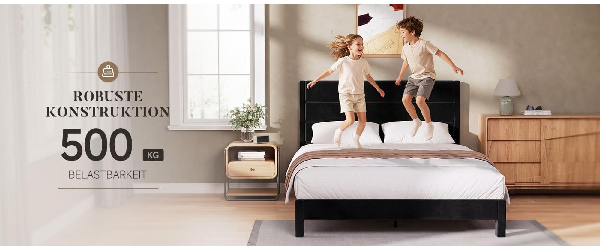 Doppelbettgestell 140x200 cm Polsterbett mit dreiteiligem Kopfteil Metallrahmen Stahl Stauraum unter dem Bett Plattformbett geräuschlos Schwarz