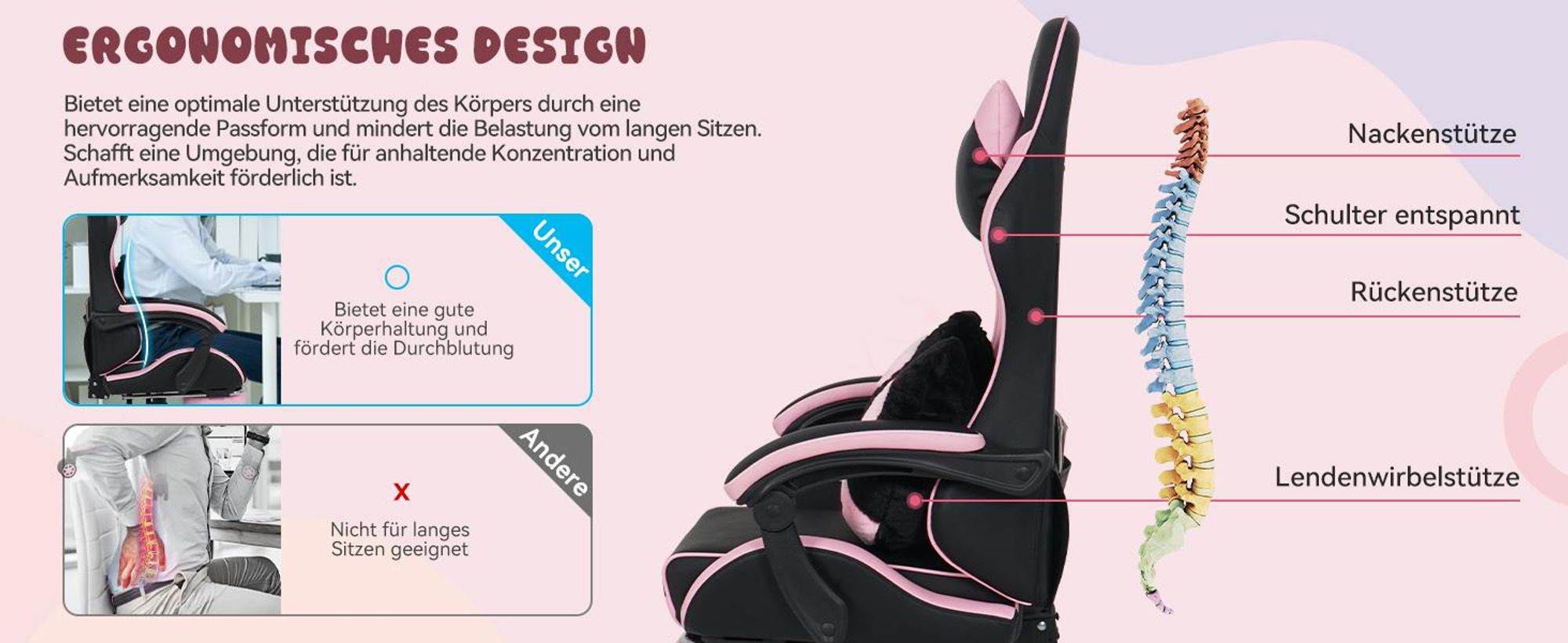 Puluomis Gaming Stuhl mit Fußstütze, Bürostuhl Chefsessel Schreibtischstuhl Racing Stuhl ergonomisch drehbar höhenverstellbar Katze Schwarz Pink