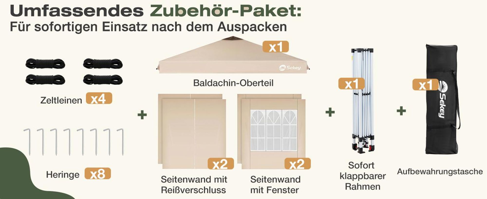 Sekey Faltpavillon 3x3 m Pop Up Gartenpavillon wasserdicht winterfest inkl 4 Seitenteilen Partyzelt für Garten Terrasse, Taupe