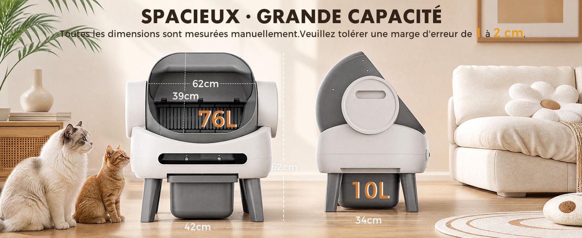 Litière automatique pour chat GTPLAYER, avec système autonettoyant, bac à déchets de 10 litres, contrôle via application avec écran et fonction anti-encrassement, compatible avec tous les types de litière