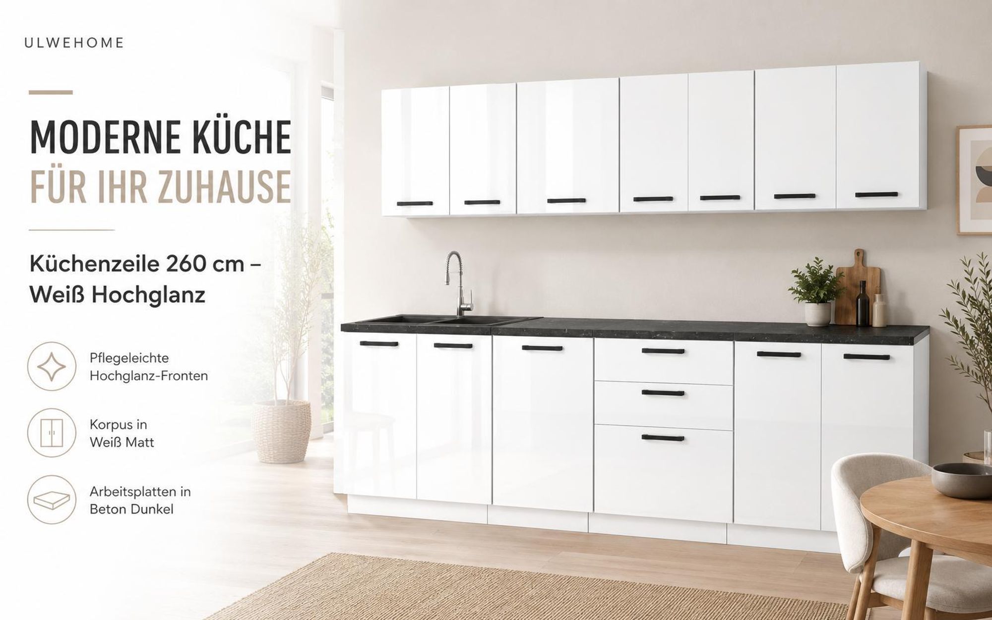 Moderne Küchenzeile 260 cm in Weiß Hochglanz mit Beton-Nachbildung für helle Wohnräume