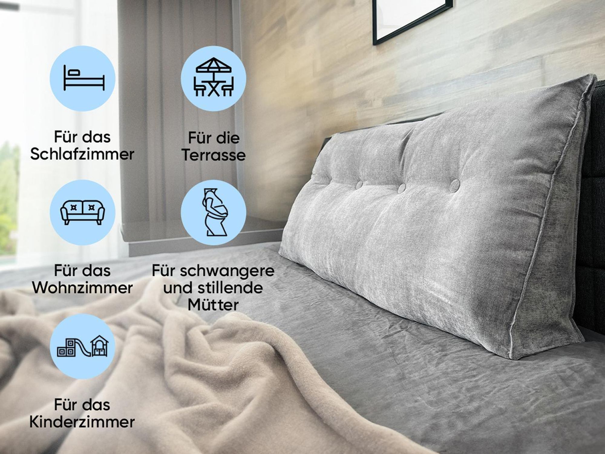 Einsatzbereiche des Kissens: Schlafzimmer, Terrasse, Wohnzimmer, Kinderzimmer.