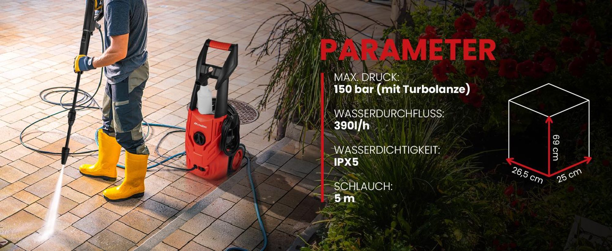 Hochdruckreiniger 150 bar mitTurbo-Düse und Aluminiumpumpe Selbstansaugfunktion