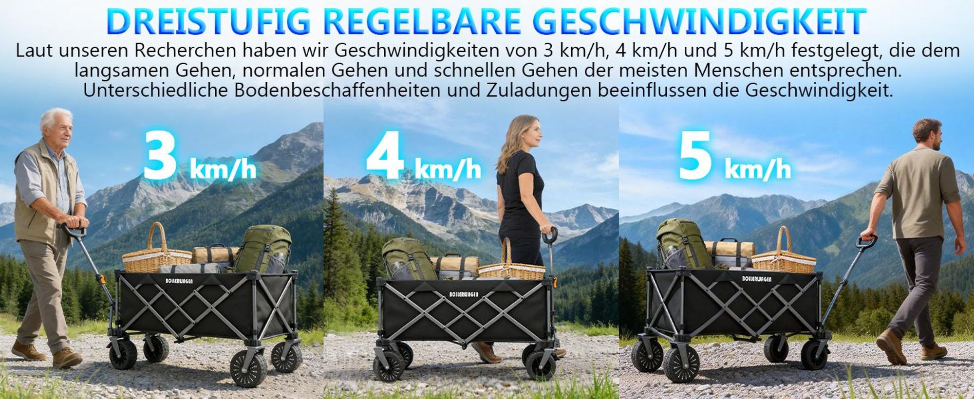 Faltbar Elektrokarre Bollerwagen 280L 120KG mit 50W bürstenlosem Motor Belastbar Gartenwagen mit 4.0AH Akku, 3 Gang, mit Tischplatte, Schwarz