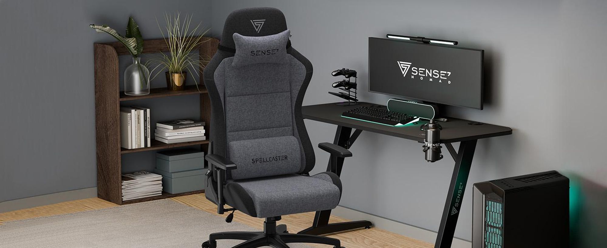 Fauteuil gaming SENSE7 Spellcaster FUKU XL en tissu gris et noir - Fauteuil de bureau ergonomique pouvant supporter jusqu'à 160 kg, avec fonction basculante et roulettes pour sols durs