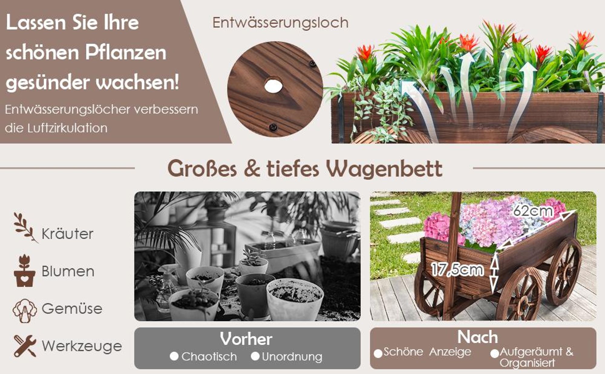 COSTWAY Pflanzwagen Holz mit 4 Rädern, Blumenwagen mit verstellbarem Griff & Drainagelöchern, Blumenkarre, Garten Dekoration, 120x43x53,5cm, Braun