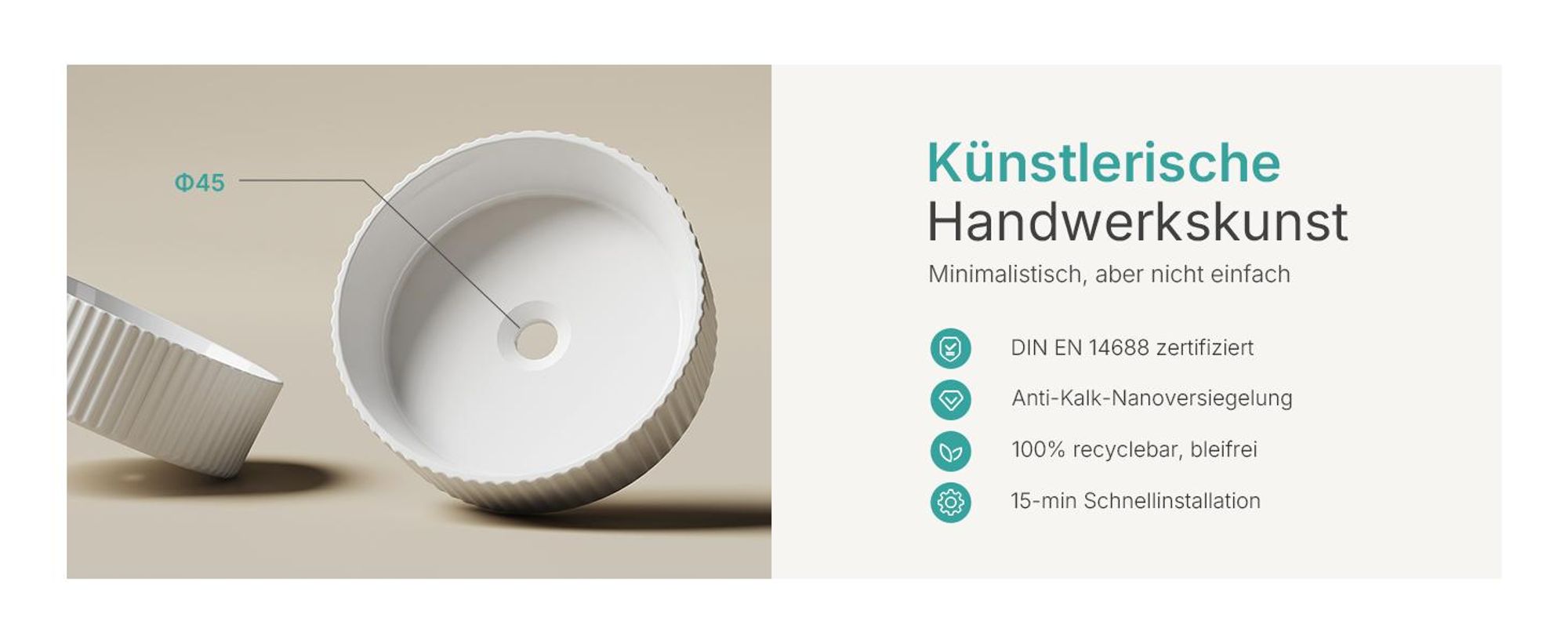 EMKE Aufsatzwaschbecken Keramik Rund 360mm Weiß Glänzend Elegantes Design Waschbecken ohne Armaturloch & Überlauf, für moderne Badezimmer & Gäste-WC