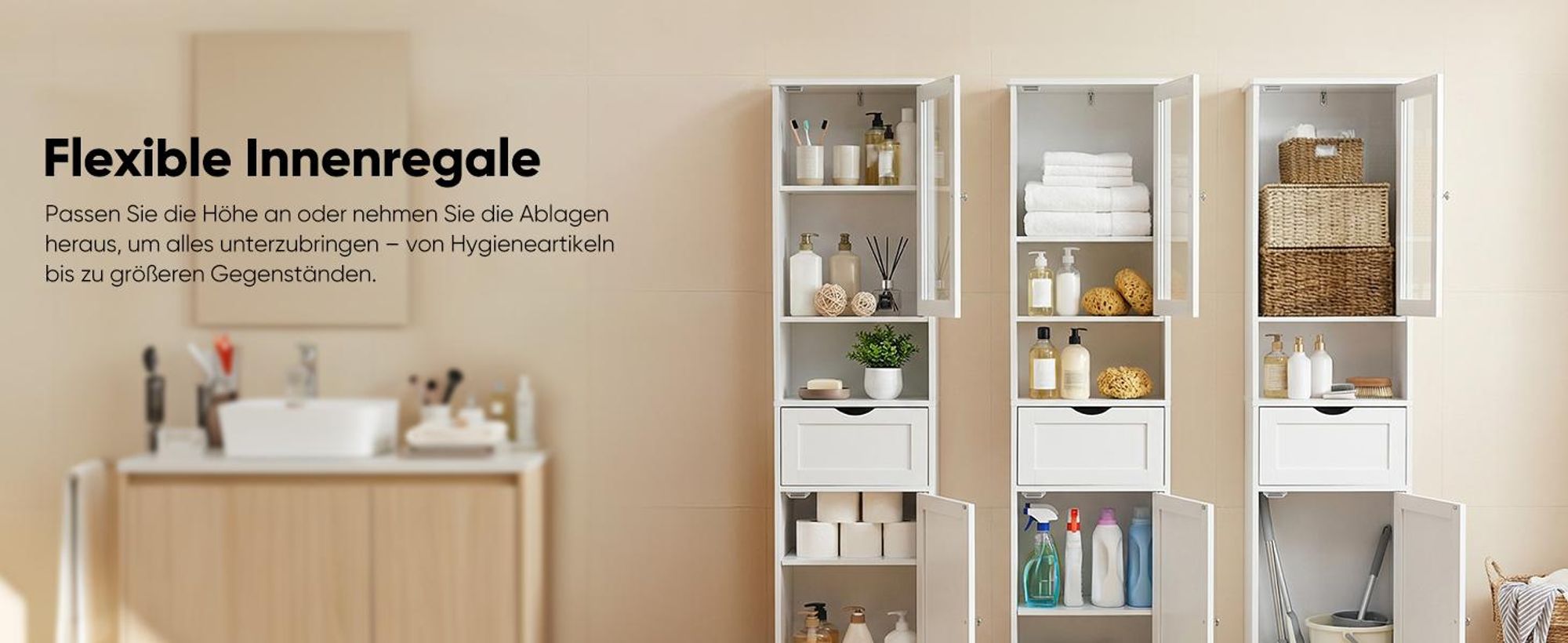 HOKEEPER Hochschrank Badezimmer Weiß – Badschrank Schmal mit 2 Türen & Offenen Fächern – Freistehendes Badezimmerregal & Küchenschrank