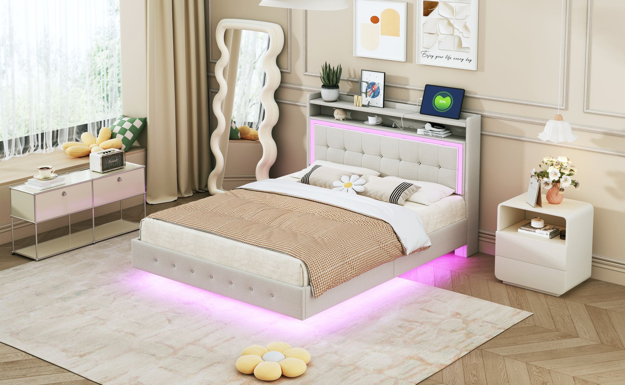 MODFU Doppelbett 140 x 200 Polsterbett mit LED und USB-Ladeanschluss,Funktionelles Stauraumbett Jugendbett mit Kopfteil & Stauraum(Ohne Matratze)