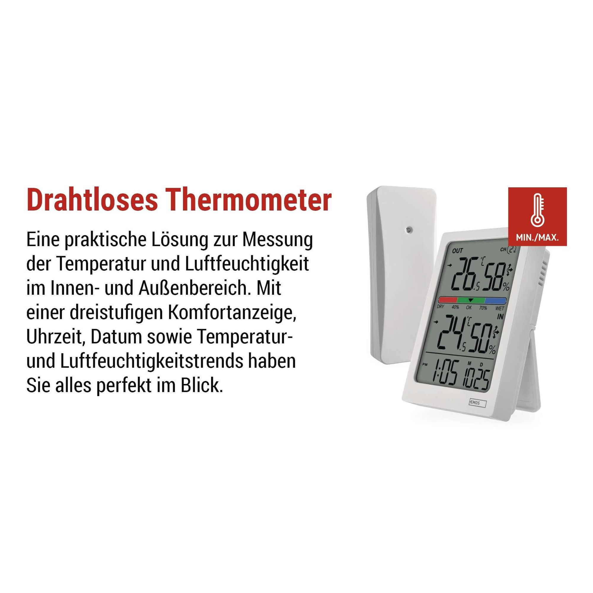 EMOS Digitaler Thermometer und Hygrometer mit kabellosem Sensor, 100 m Reichweite, Trend- und Komfortanzeige, Datum, Uhrzeit, Wecker, weiß, E0558W