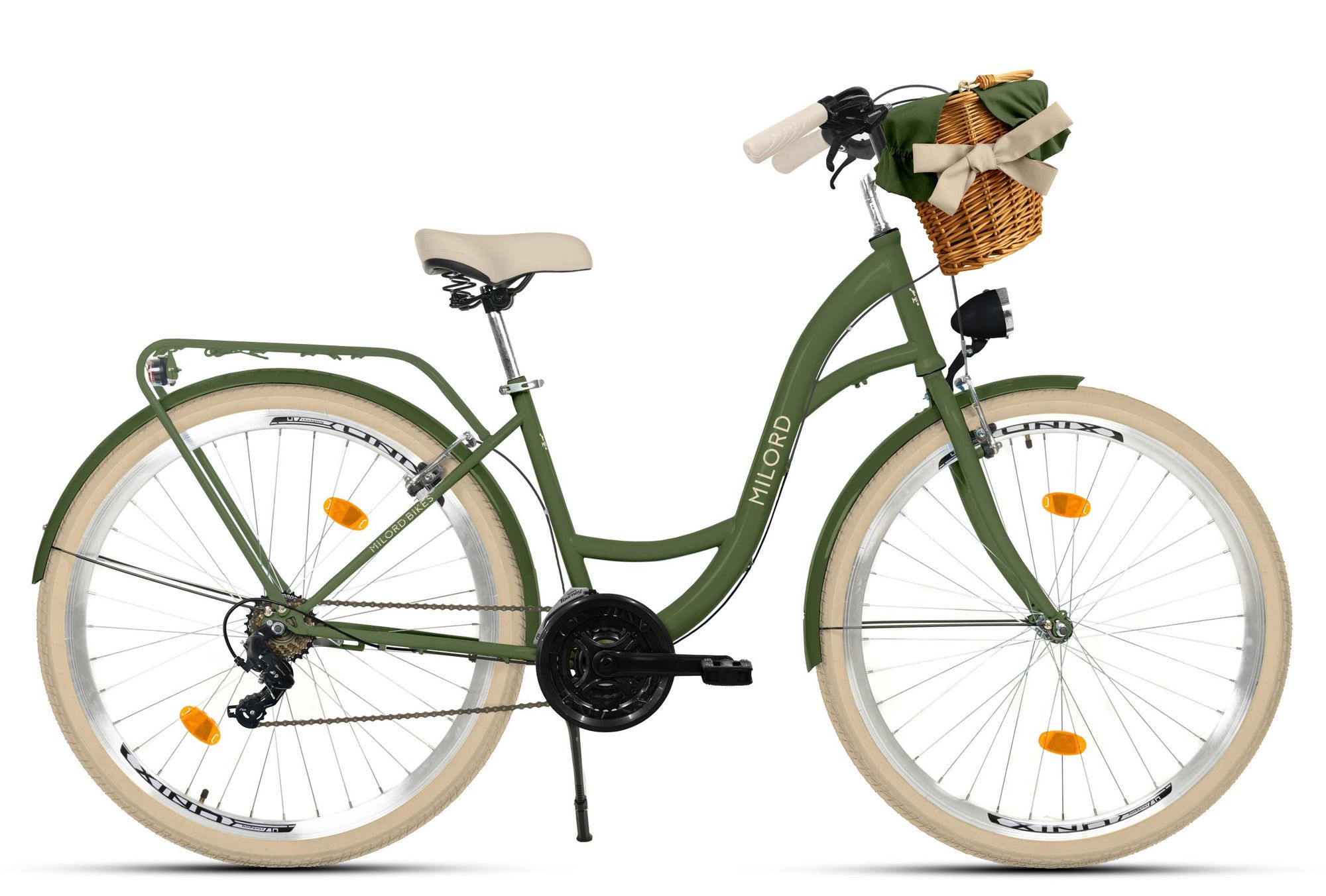 MILORD Damenfahrrad Citybike Komfort Mit Weidenkorb Hollandrad Fahrrad, 26 Zoll, 21-Gang, Khaki-Creme