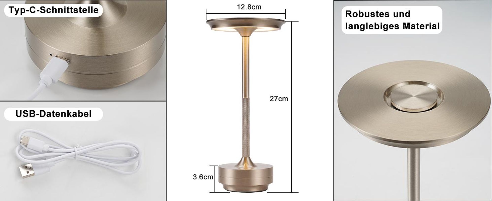 ZMH Nachttischlampe Kabellos Tischlampe Akku - LED Tischleuchte Touch Dimmbar Lampe mit USB Aufladbar Batterie Tischlampen Nickel 2er Set für Modern Fensterbank Wohnzimmer Kinderzimmer Schlafzimmer