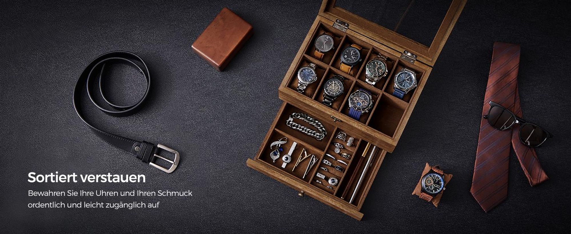 SONGMICS Uhrenbox Uhrenkasten, mit 8 Fächern, aus Massivholz, Glasdeckel
