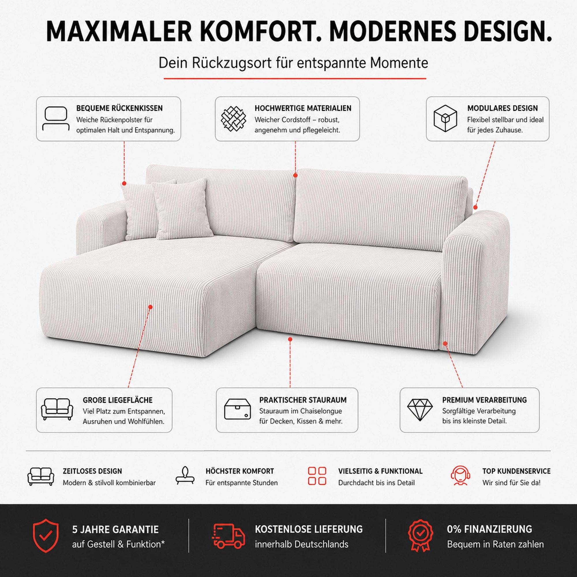 VENASI ROMA Universell Ecksofa mit Schlaffunktion und Bettkasten Cord BRAUN Schlafsofa Sofa