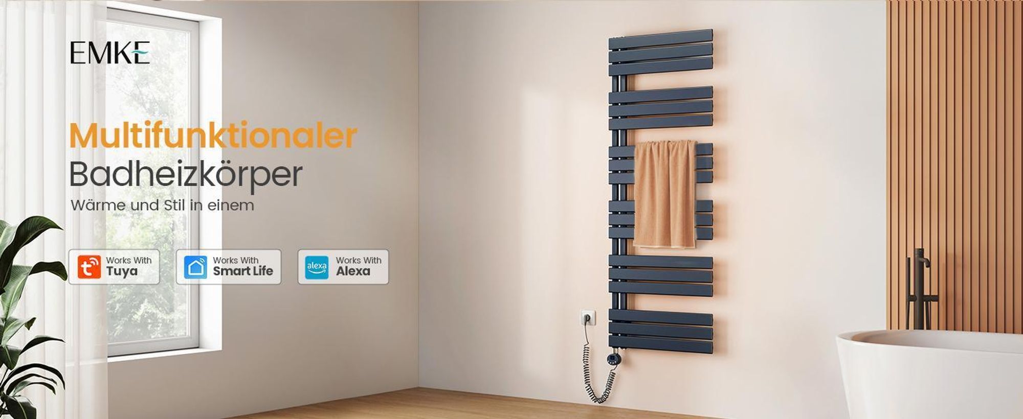 EMKE Badheizkörper Elektrisch mit Wifi App Steurung Thermostat Handtuchwärmer 1041 x 400mm Anthrazit Handtuchhalter 400W Handtuchtrockner