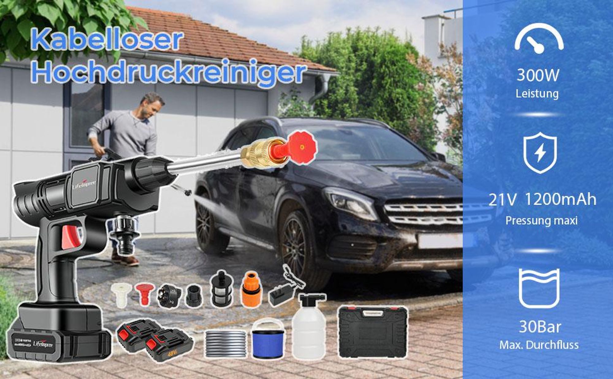 LifeImpree Akku Hochdruckreiniger, Max 35 Bar 435 PSI Mobiler Hochdruckreiniger Mit 2 x 1.2Ah Akku, Schaumsprüher, 6-in-1 Multifunktionale Düse