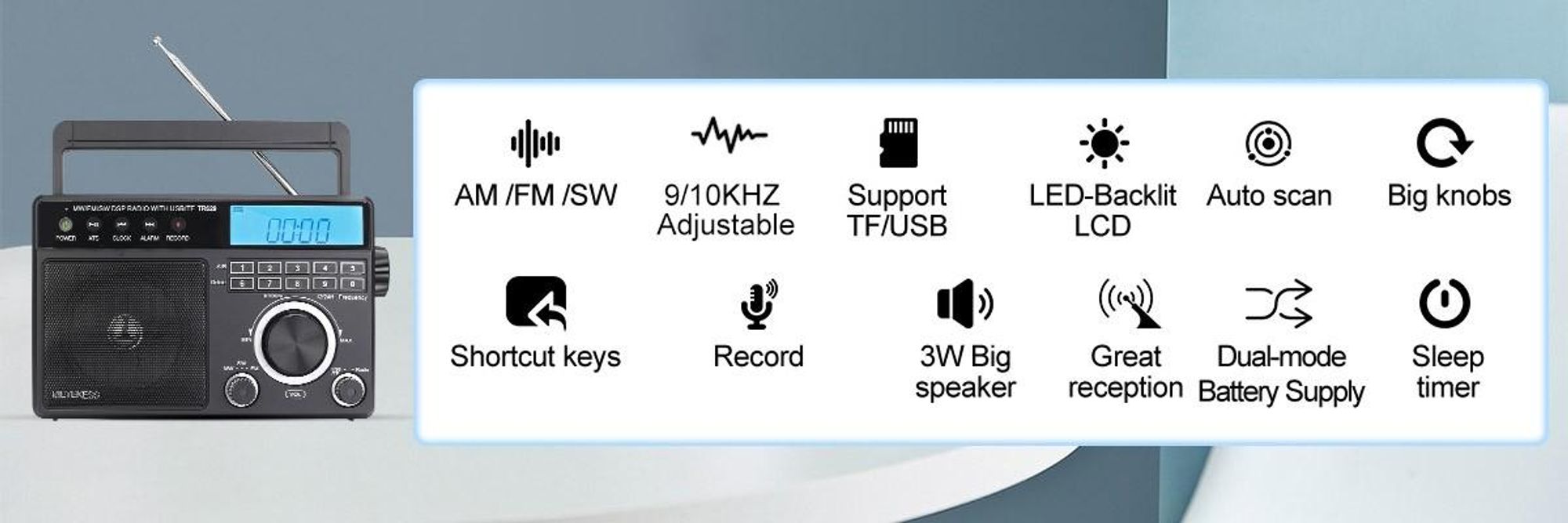 Retekess TR629 Tragbares Radio, AM FM SW Weltempfänger Notfallradiomit DSP, Unterstützt U Disk/SD-Karte, Uhr, Wecker, Radio Batteriebetrieben, Geschenke für ältere Menschen