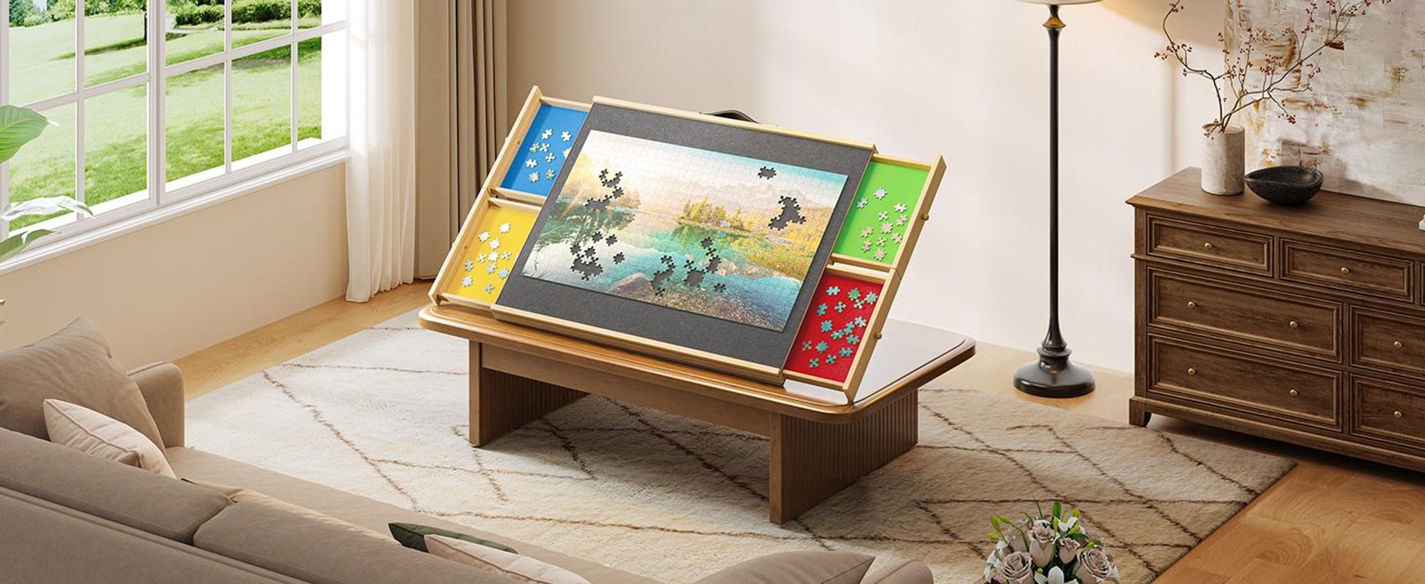 Puzzletisch für 1000 Teile, mit 4 Schubladen, Puzzelbrett winkelverstellbar, Puzzlematte, 78 x 53 cm
