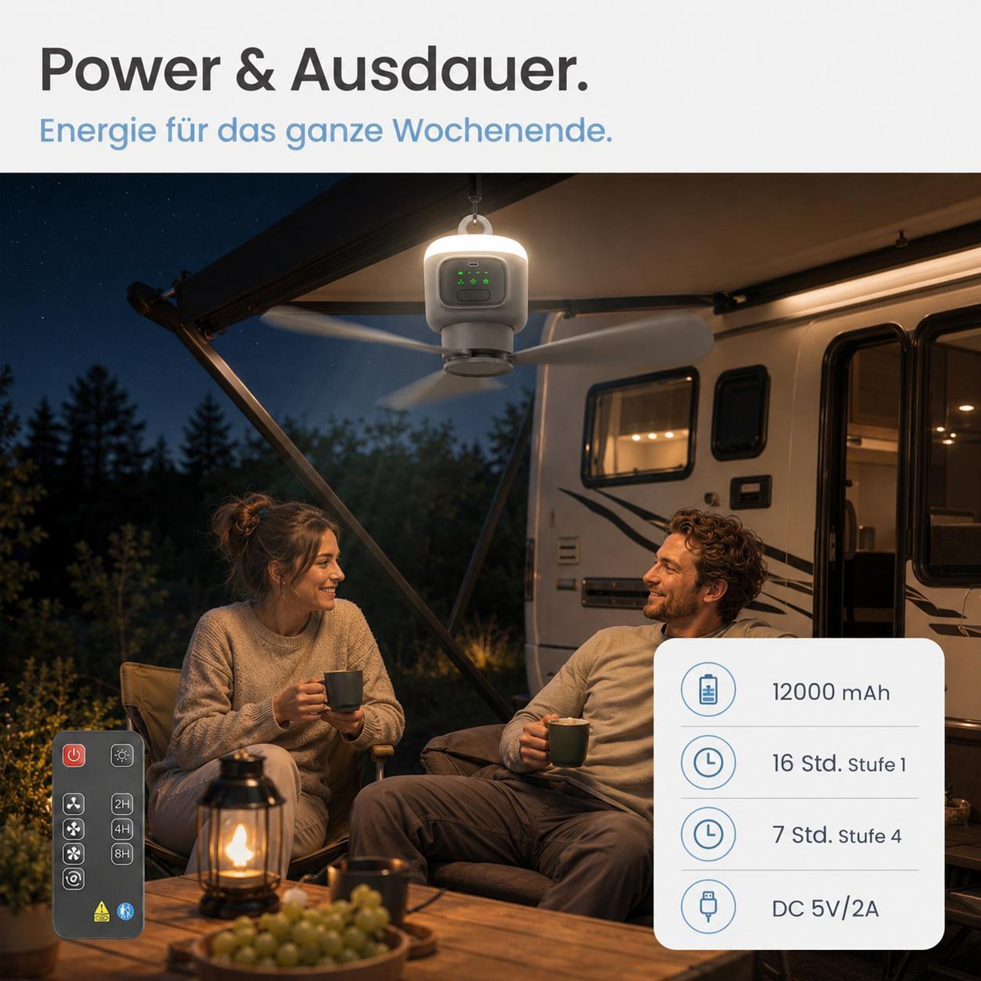 XL Ø45cm Camping Ventilator mit Licht, Akku 12000mAh, USB-C aufladbar, Deckenventilator mit Fernbedienung & Timer, Starke Brise für Zelt Pavillon RV
