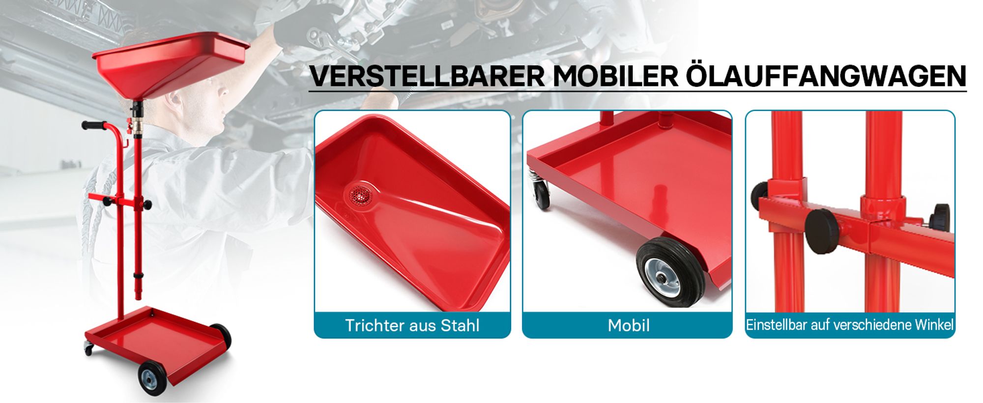 Ölauffangwagen 360° schwenkbar, Ölablassgerät, Ölauffanggerät, Ölsammler für Altöl, höhenverstellbar
