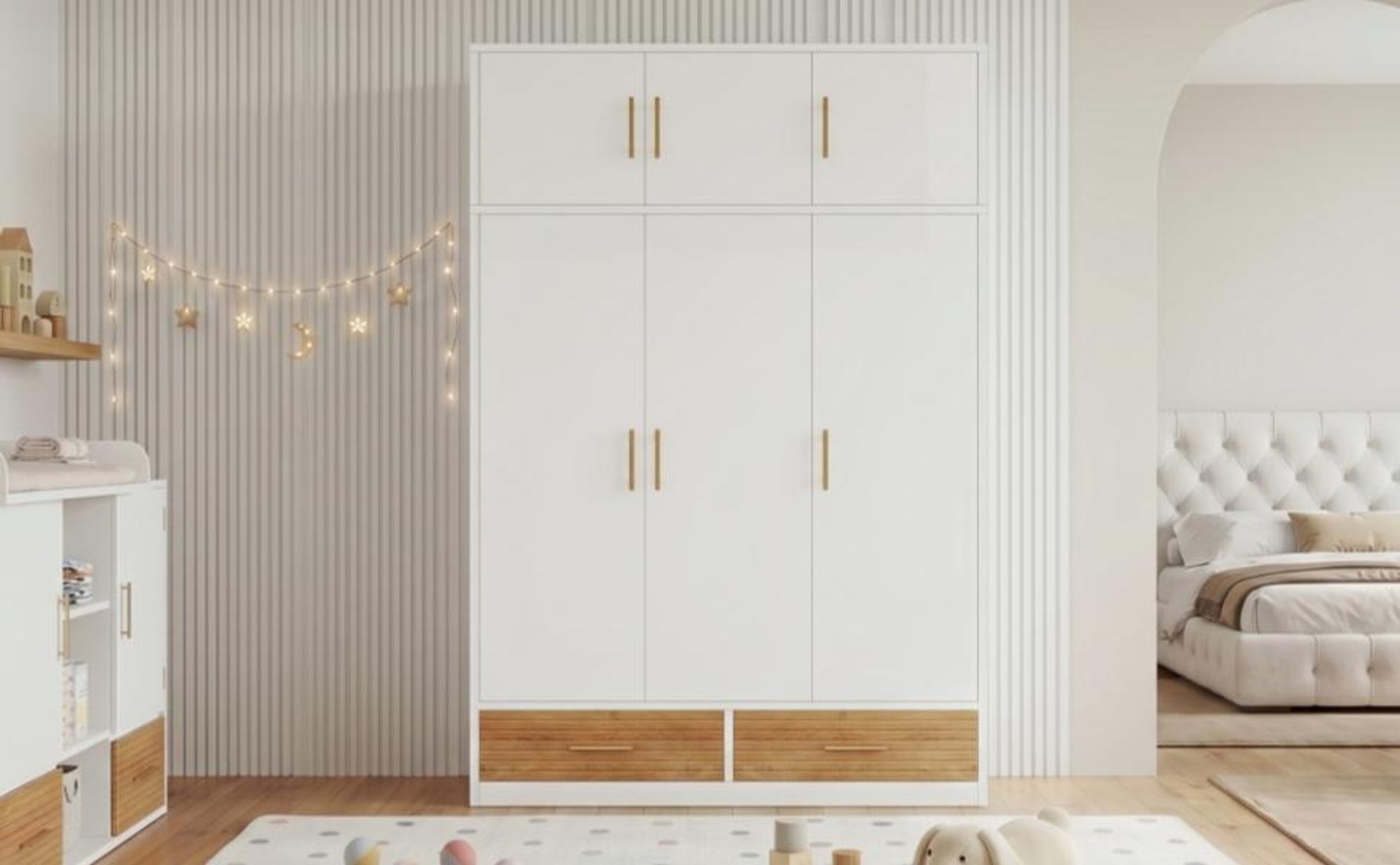Merax Kinder-Kleiderschrank mit 3 Türen, Kleiderstange und Schubladen, Schlafzimmerkleiderschrank mit Oberfach, Kleiderschrank, 120×50×180 cm, Weiß