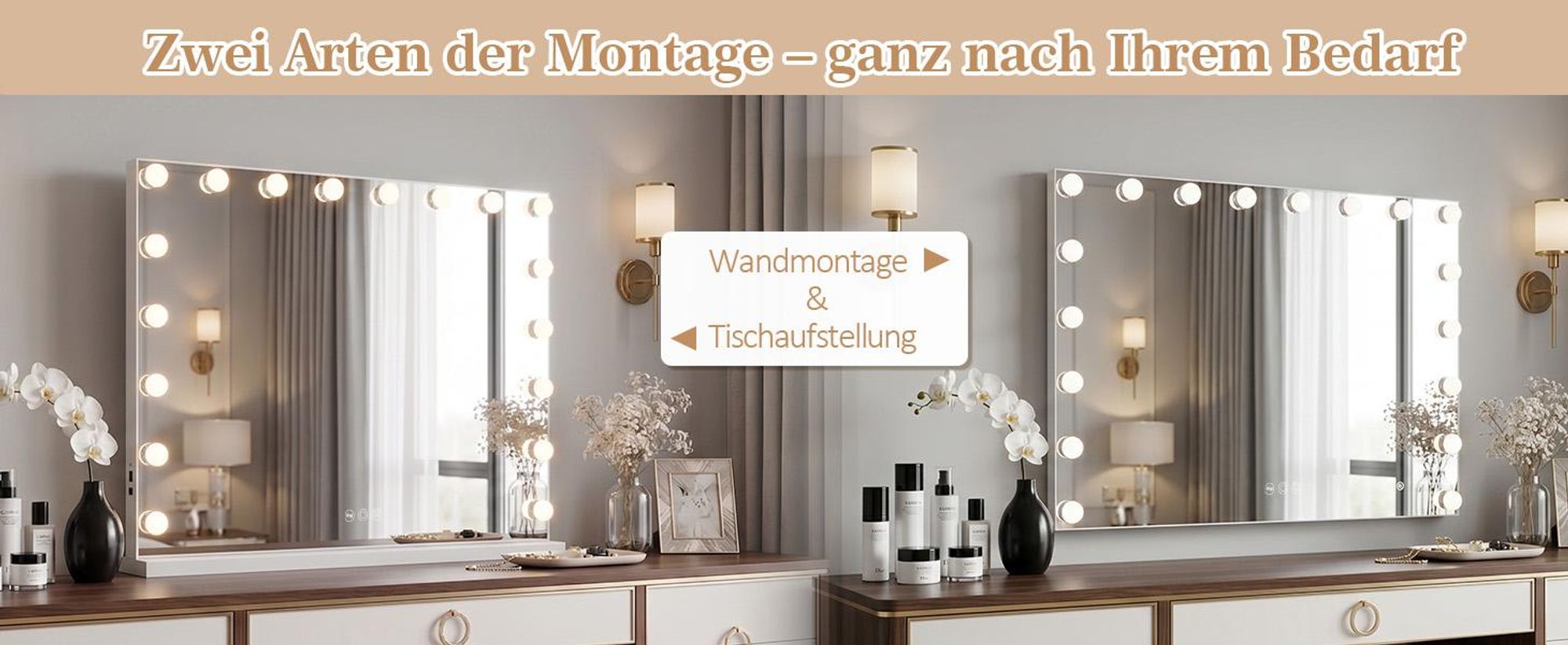 VANITII Hollywood Schminkspiegel 80cm x 58cm mit Beleuchtung 18 Dimmer Leuchten 3 Lichtmodus Kosmetikspiegel für Badzimmer Schminktisch Weiß