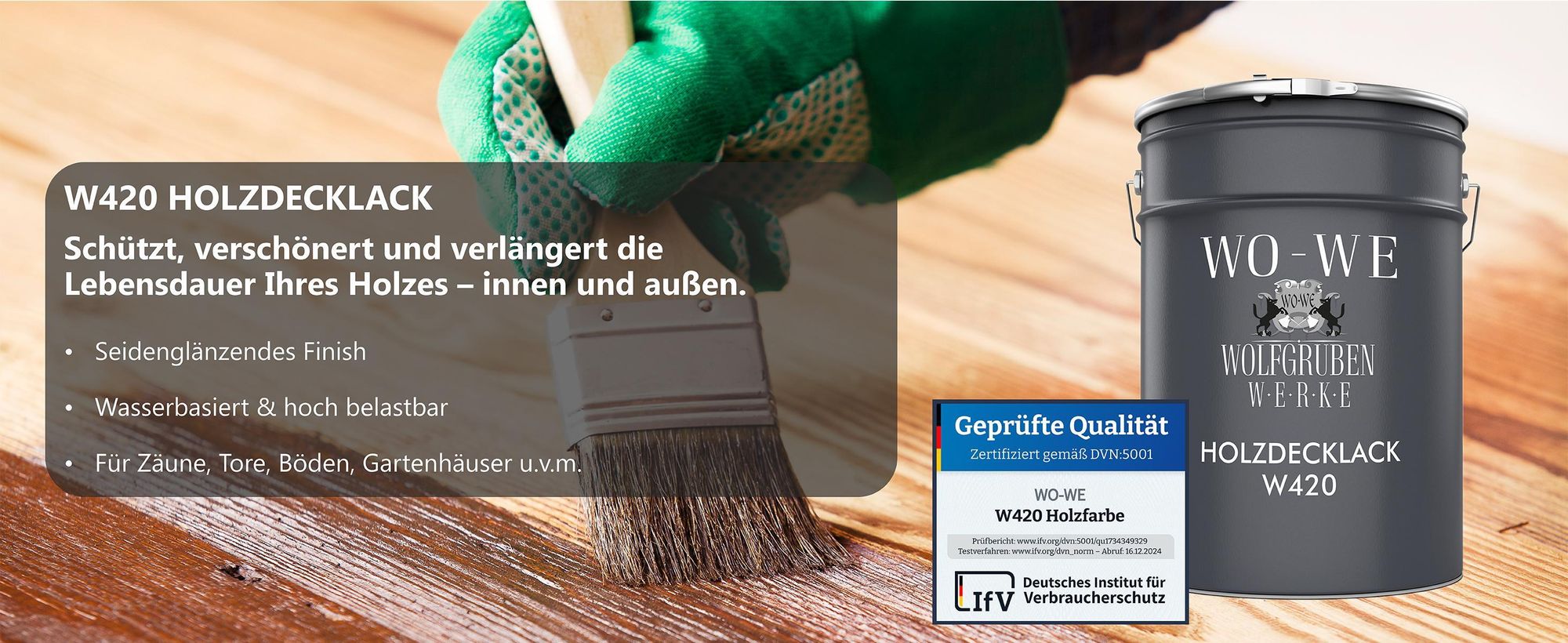 WO-WE W420 Holzdecklack schützt und veredelt Holzoberflächen innen und außen.