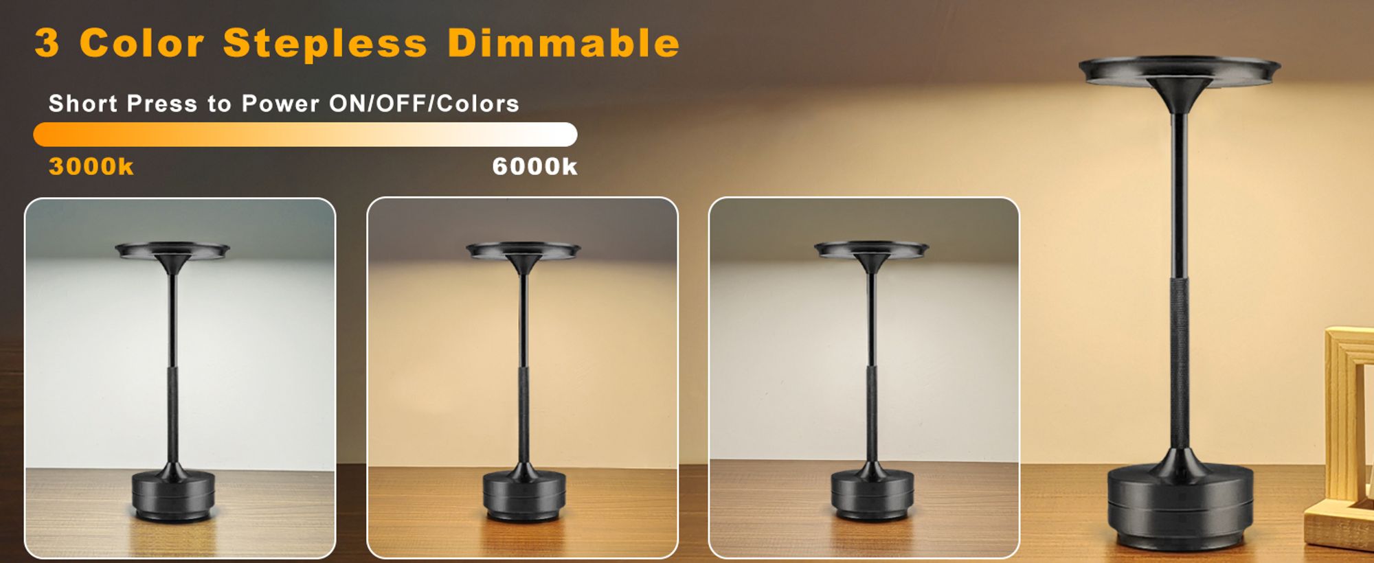 Kabellose Dimmbare LED Akku Tischleuchte Touch Tischlampe Lampe Wohnzimmer Nachttischlampen Dreifarbiges Licht Schwarz
