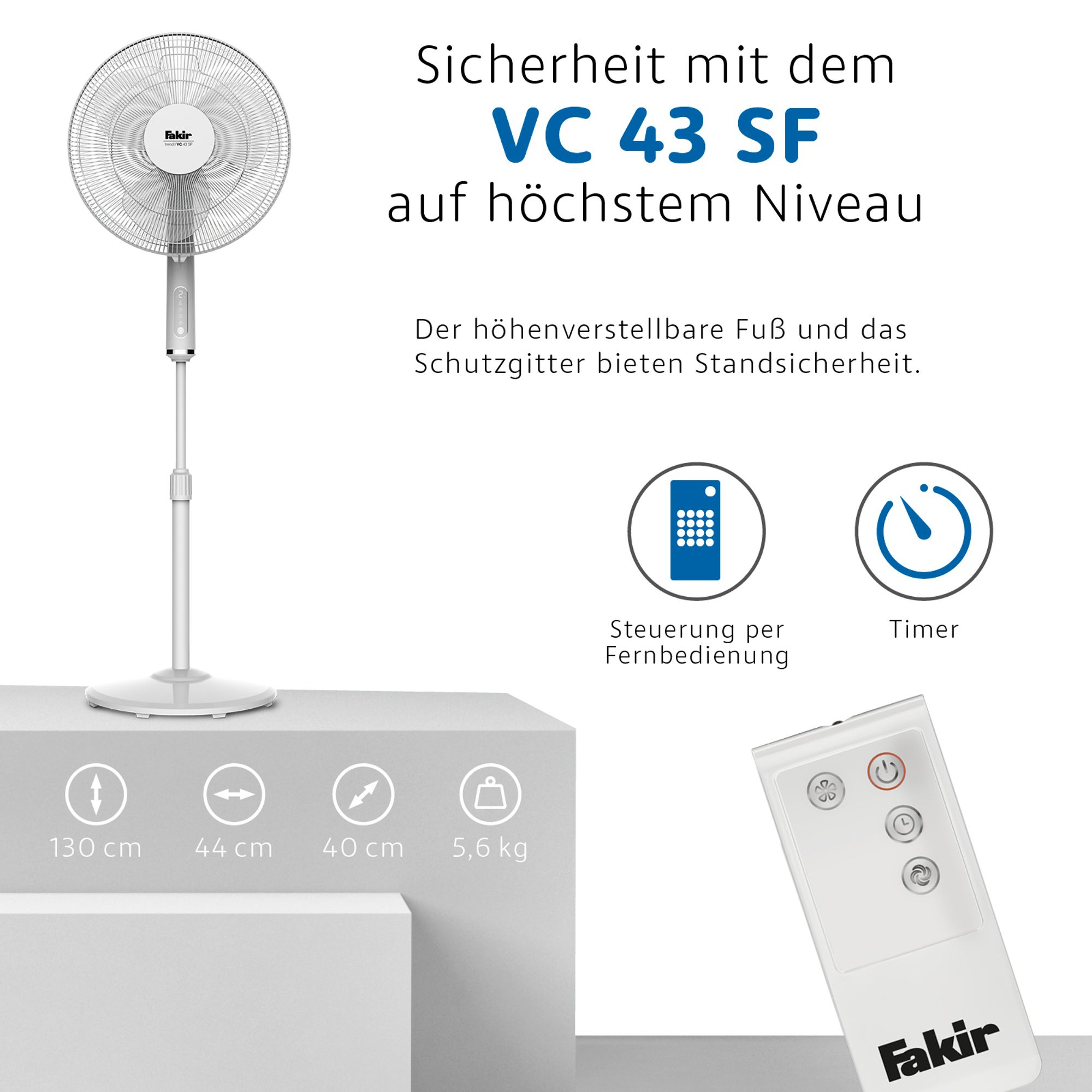 Fakir VC 43 SF trend Standventilator, 44 cm Korbdurchmesser, sehr leise, Oszillation, verstellbar, Fernbedienung, Touch-Steuerung, Timerfunktion