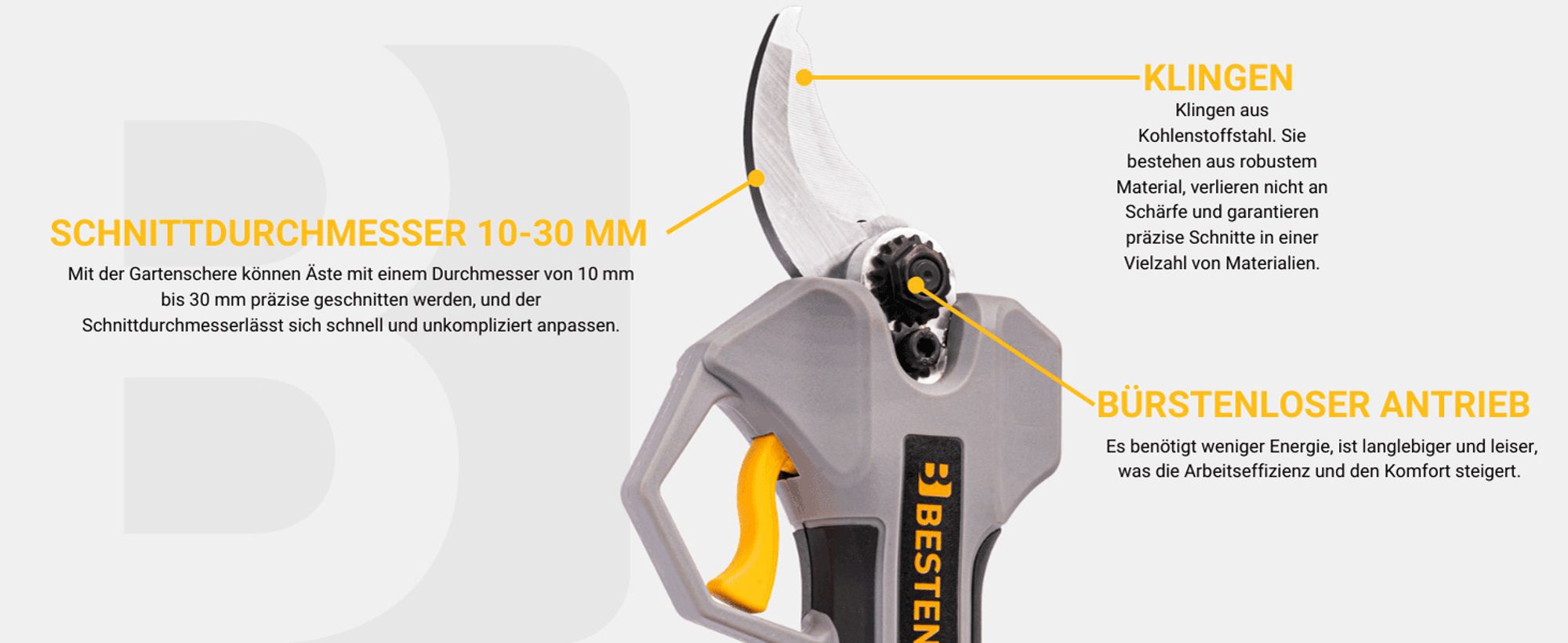 BESTEN Elektrische Astschere Akku-Gartenschere 2Xaku 2,0Ah