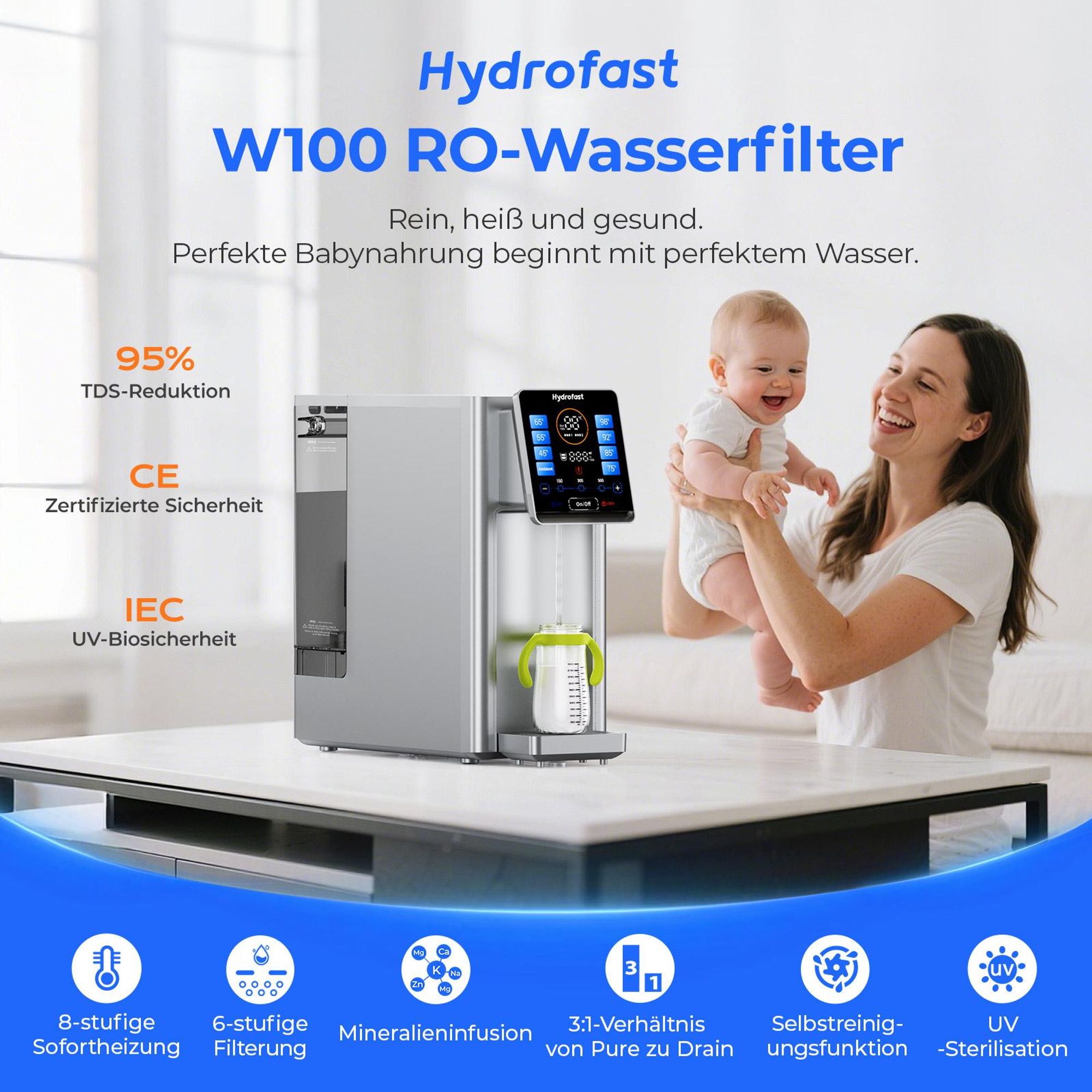 Hydrofast W100 Auftisch Wasserfilter mit Umkehrosmose, UV-Filterung, 6-Stufen-Filtration und 8 Temperatureinstellungen