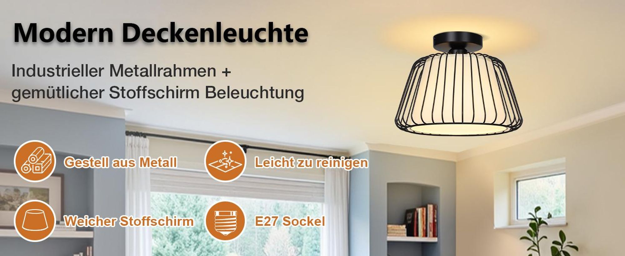 Deckenleuchte Modern Schwarz Metall Deckenlampe E27 Fassung Weiß Stoffschirm mit LED Glühbirne für Wohnzimmer Schlafzimmer Esszimmer Flur