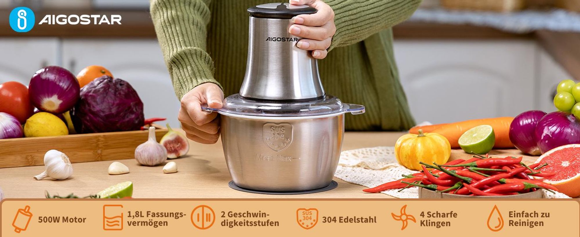 Aigostar Fleischwolf Zerkleinerer küche elektrisch, Multizerkleinerer für Fleisch, 500W, 2 Geschwindigkeiten, 4 Edelstahlklingen