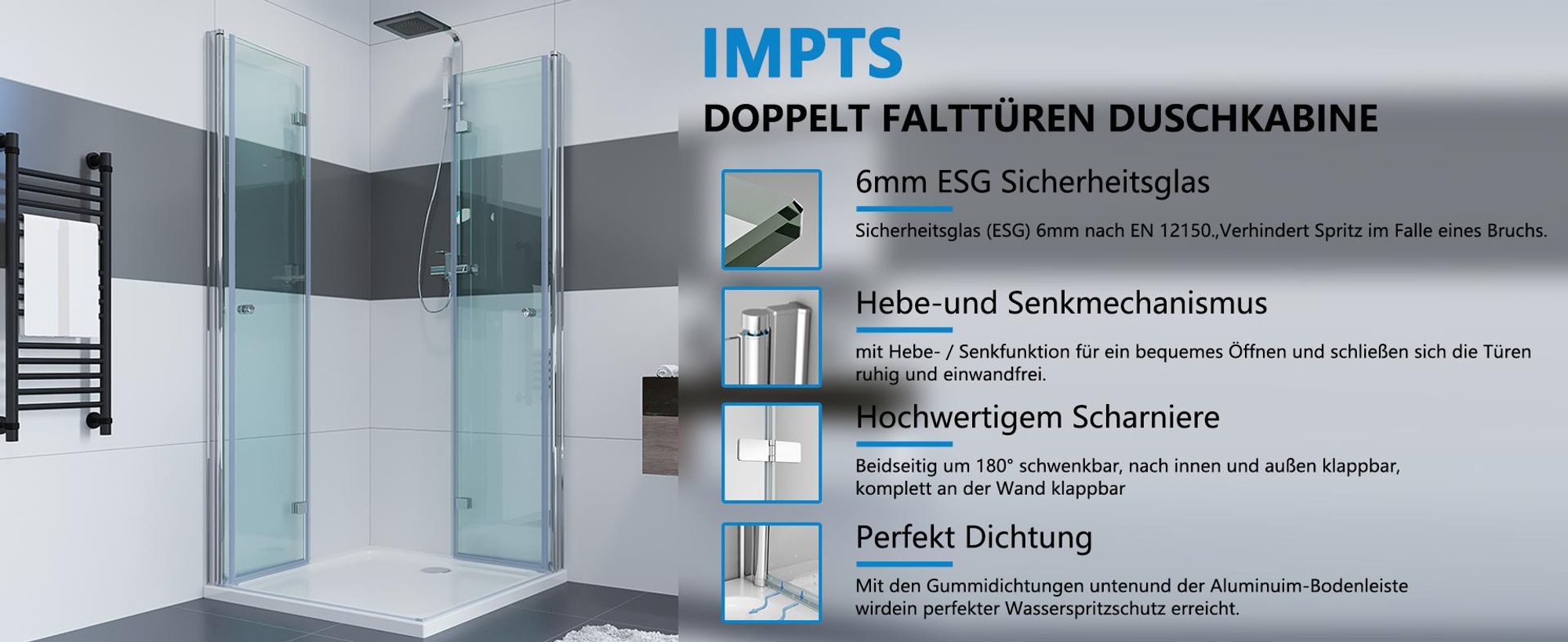 IMPTS Duschkabine Eckeinstieg 120x120 cm 180º Doppel Falttür Falttürkabine 6mm ESG-Glas 185cm,OHNE Duschwanne