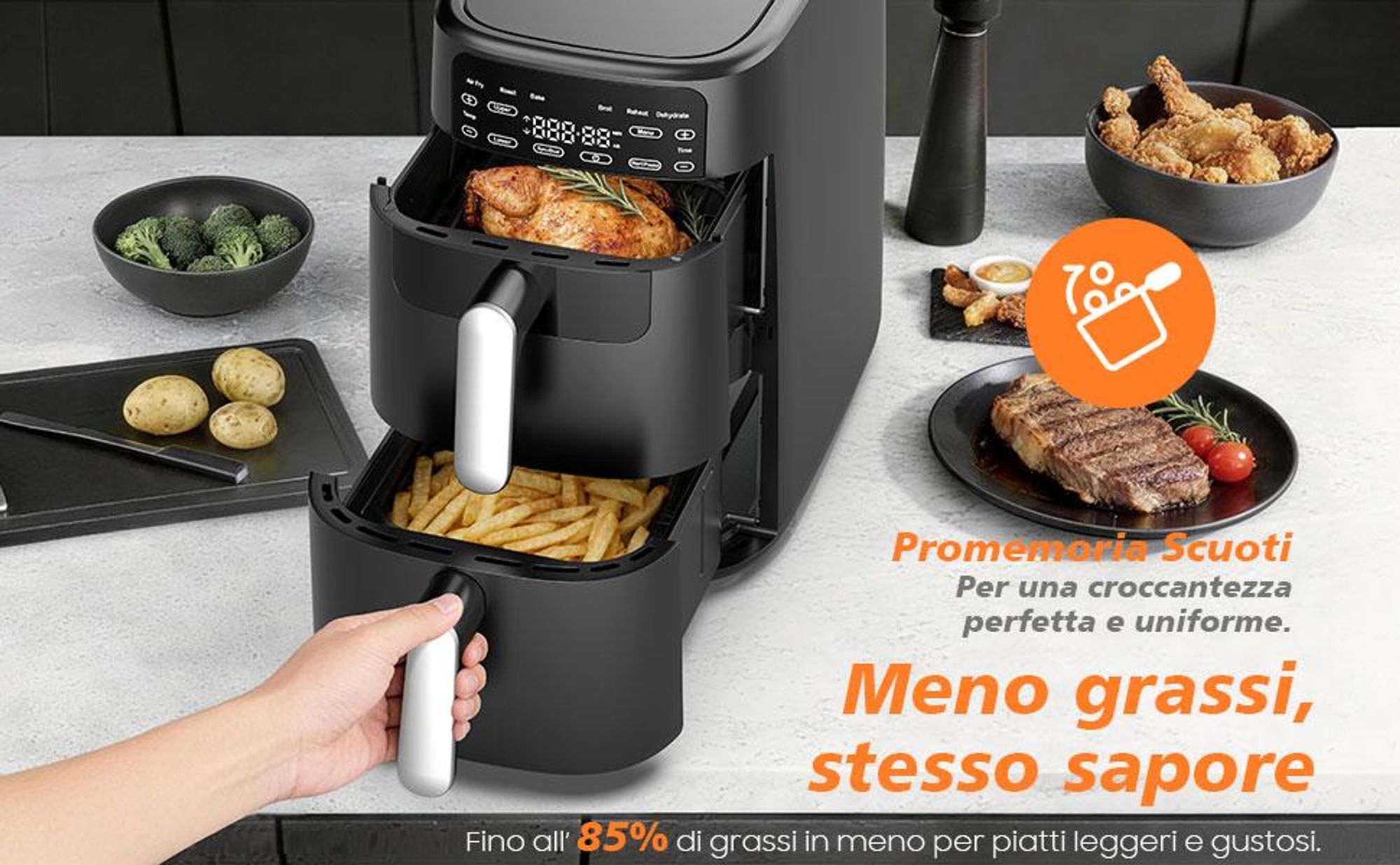 XXL 10L Friggitrice ad Aria Doppio Cestello 2700W, Circolazione 360°, Design Salvaspazio, 6 Programmi, Cottura Croccante con Poco Olio