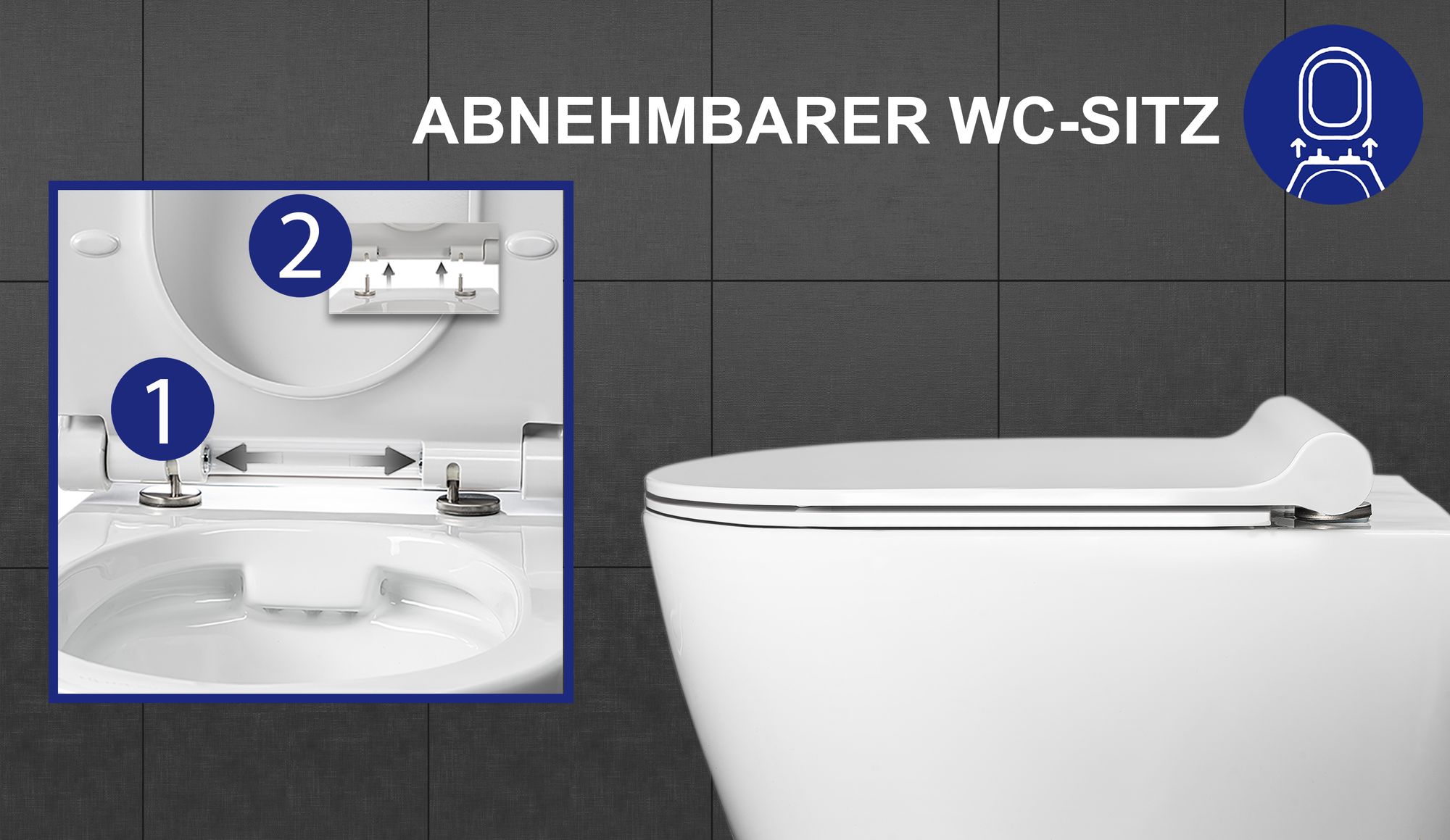 VILSTEIN Hänge WC Spülrandlos I Wand WC I Tiefspüler I inkl. abnehmbaren WC-Sitz mit Absenkautomatik
