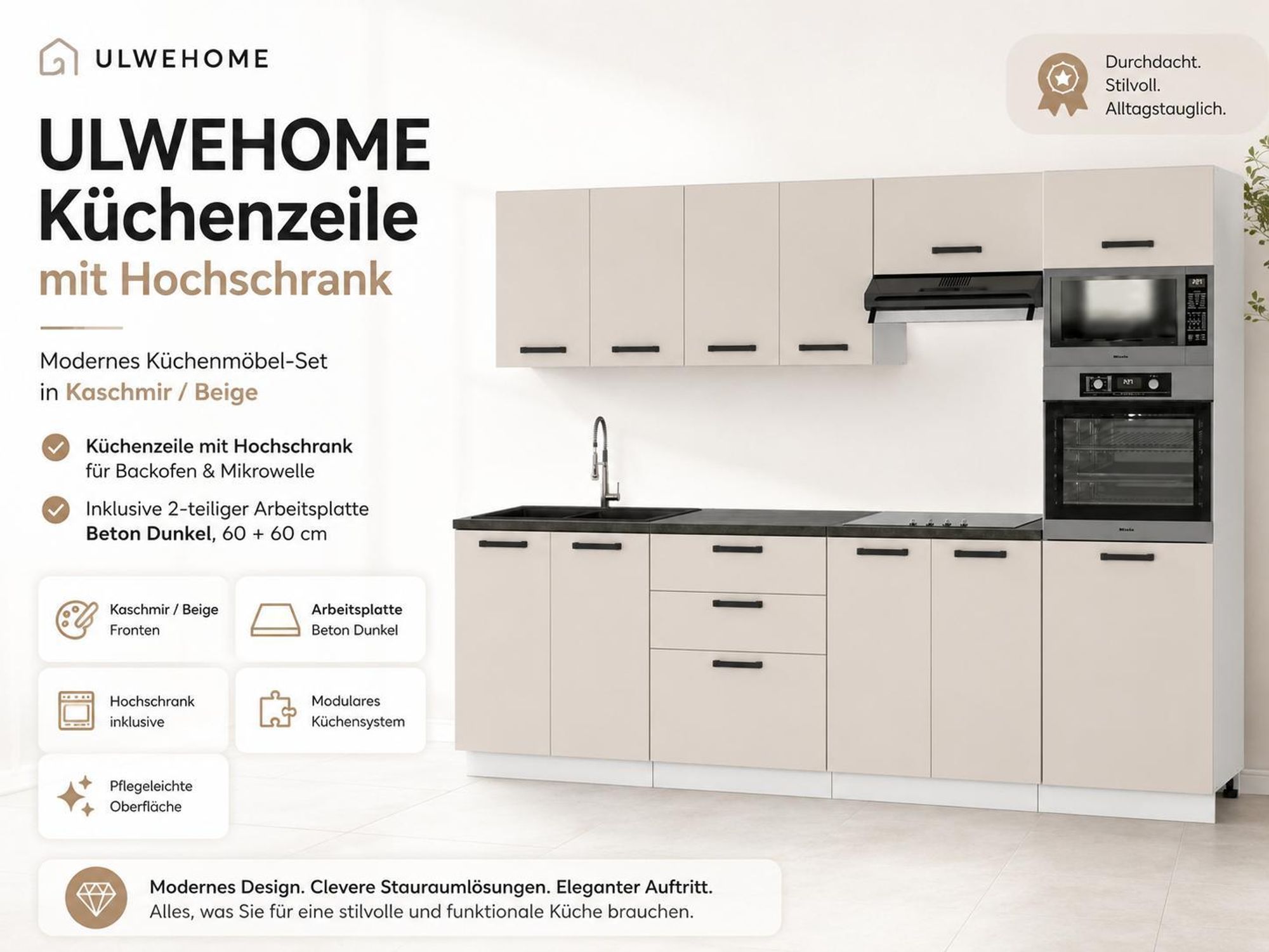 Küchenzeile Kaschmir/Beige mit Hochschrank und 2 Arbeitsplatten in Beton Dunkel.