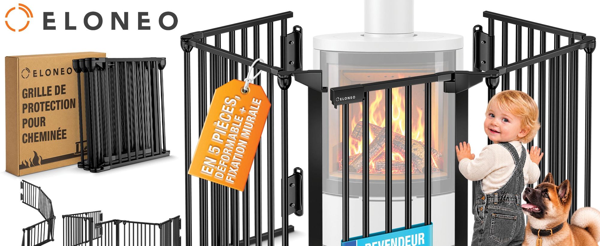 Grille de protection pour cheminée ELONEO, 75 cm de haut, grille de protection pour poêle en métal avec système de verrouillage de sécurité, protection pour enfants, barrière pour escaliers, barrière pour portes, barrière pour chiens