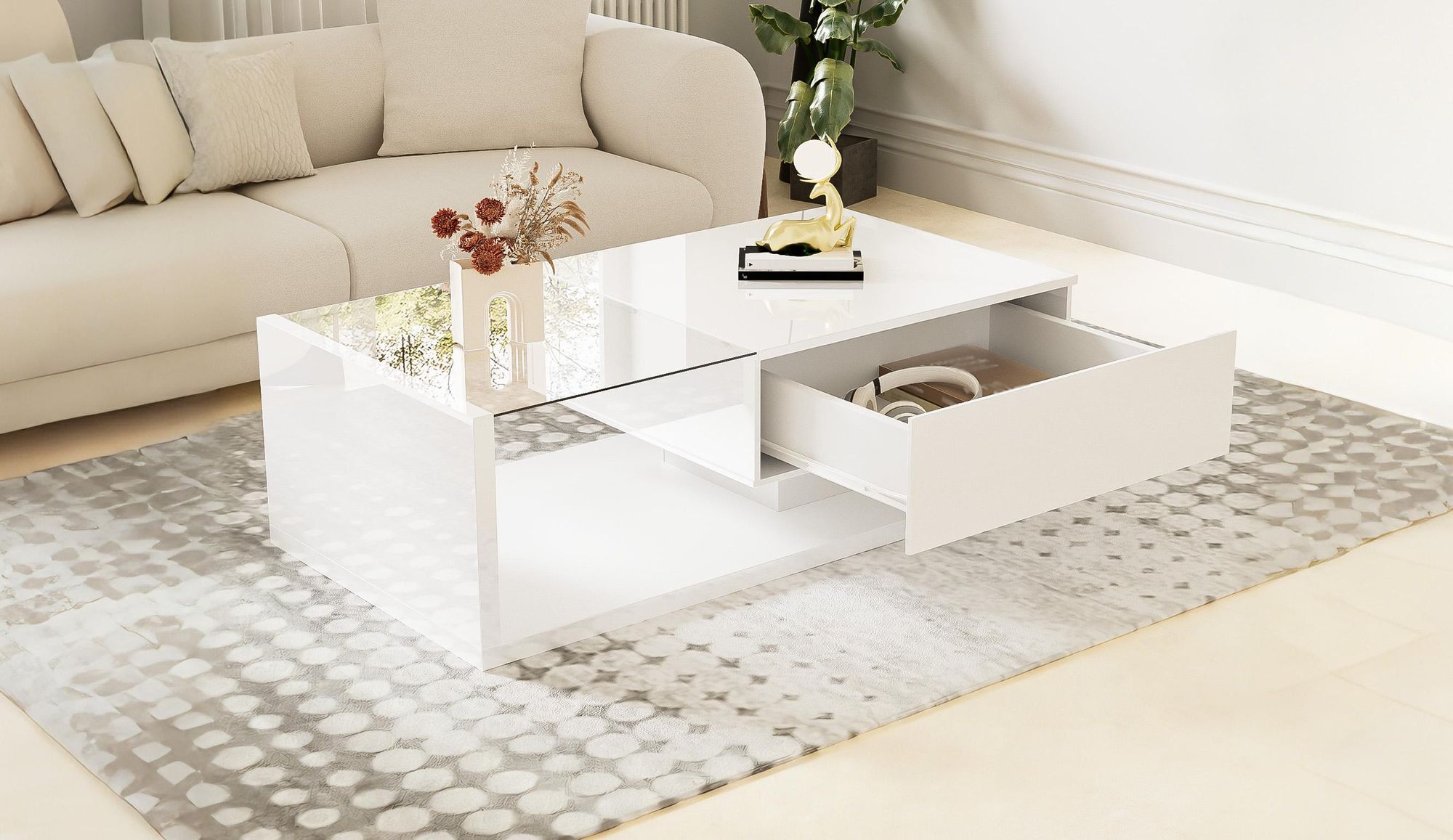 MODFU Couchtisch Hochglanz mit Glas und LED-Effekt,Rechteckiger Wohnzimmertisch mit Ablagefach,Beistelltisch&Sofatisch für Wohn- und Schlafzimmer,Weiß