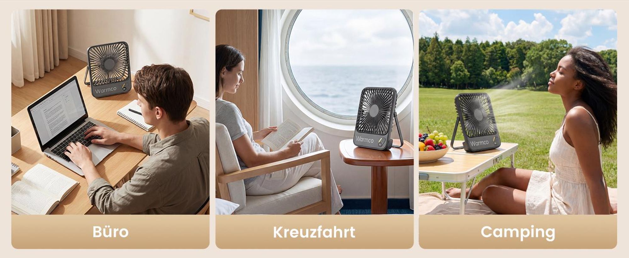 Warmco D3 Akku Ventilator 10000mAh, Tischventilator Leise, 10–24Std. USB-C, LED-Anzeige, Ultraflacher 4-Stufen Ventilator Für Büro, Schlafzimmer, Camp