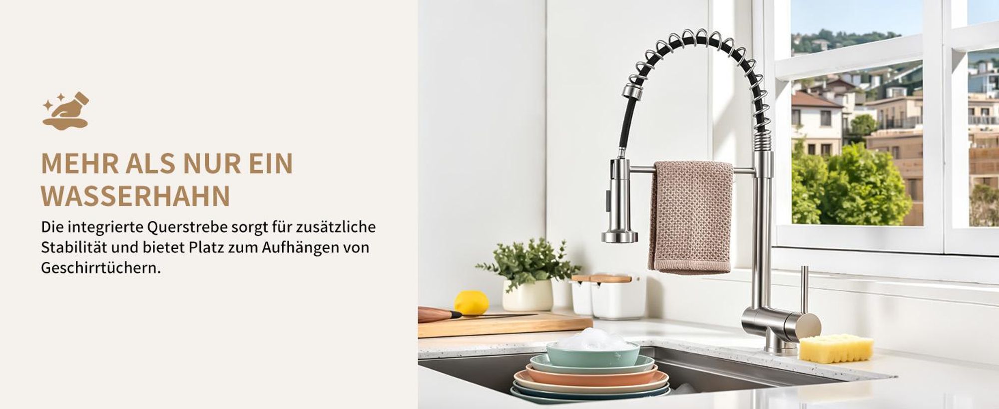 Homelody Vorfenster Küchenarmatur 90° Faltbar 360° Drehbare Hochdruck Edelstahl 304 Wasserhahn Küche mit Brause Ausziehbar 2 Strahlarten Gebürstet
