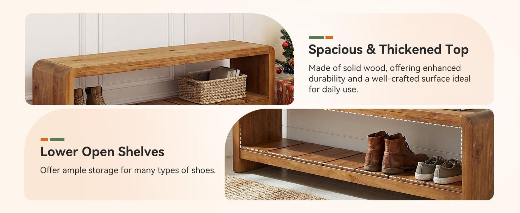 Tribesigns Massivholz Flurbank, 150 cm Lange Schuhbank mit offenem Ablagefach, Landhaus Sitzbank für Flur, Diele, Schlafzimmer, Walnuss Braun