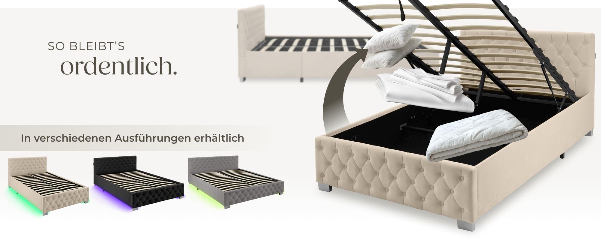tectake® Polsterbett Daytona in Samtoptik mit Steppmuster großer Stauraum