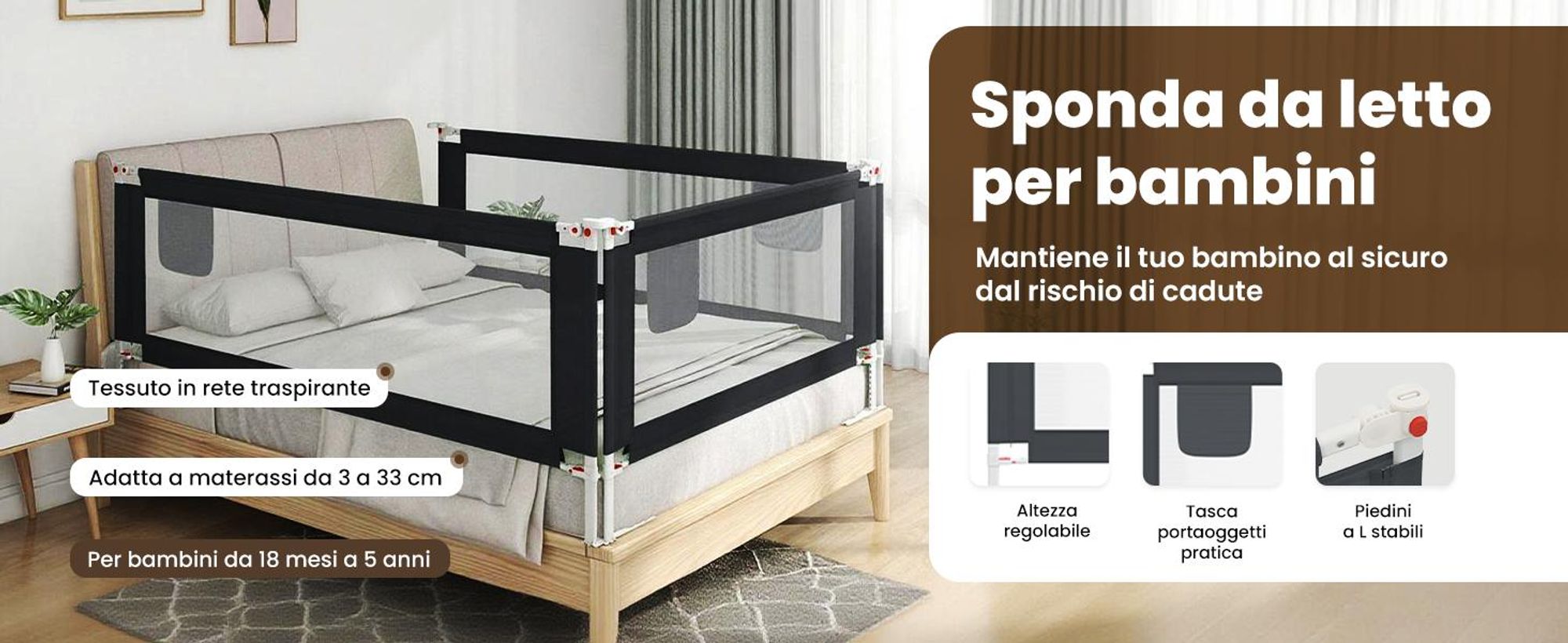 vidaXL Protezione letto per bambini grigio scuro 90x25 cm tessuto
