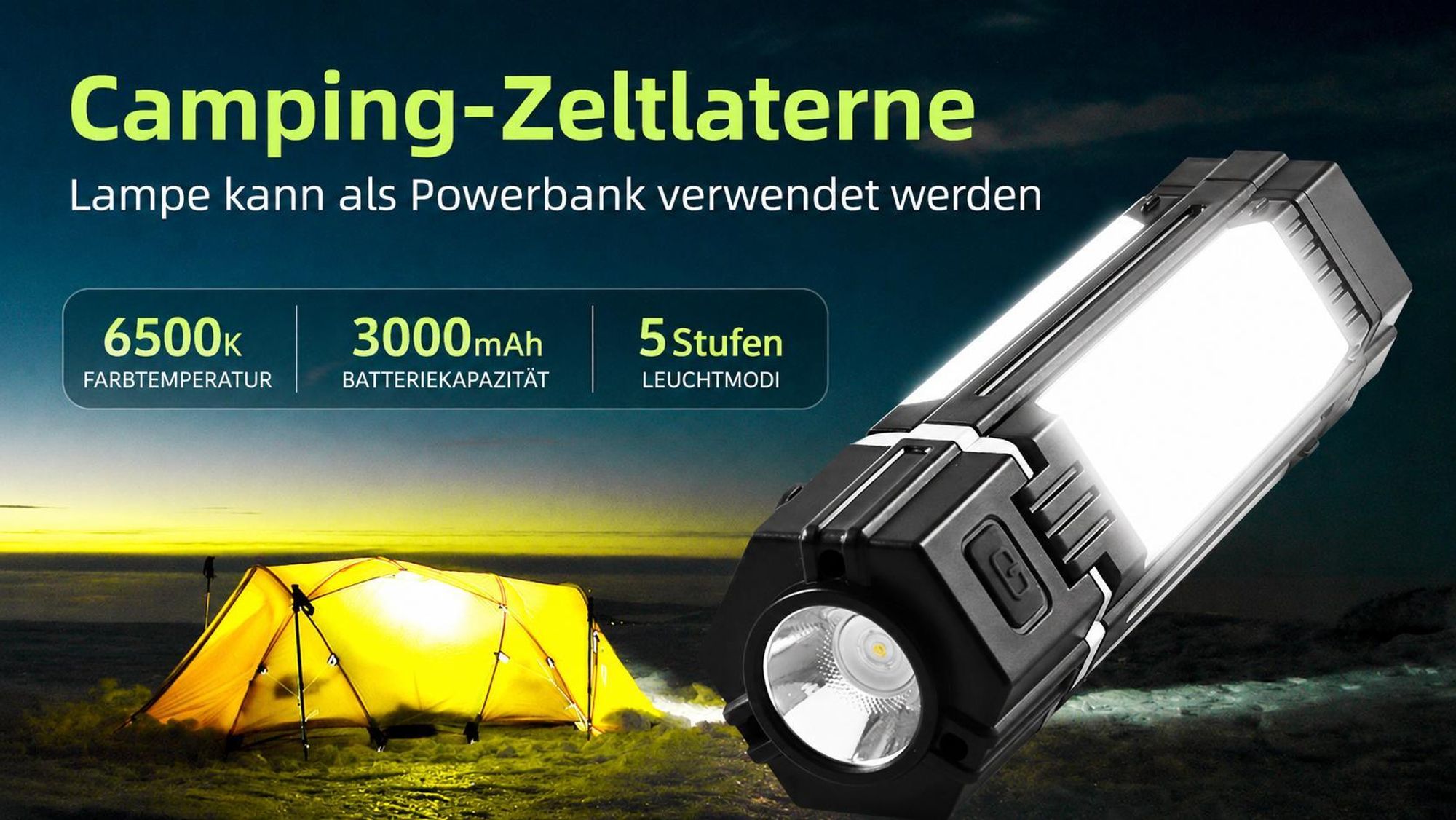 LED-Tragbare-Campingleuchte, 90-Grad-Drehung,3000mAh Campinglampen, wiederaufladbare Taschenlampe, faltbare Zeltleuchte, geeignet für Camping-Notfälle