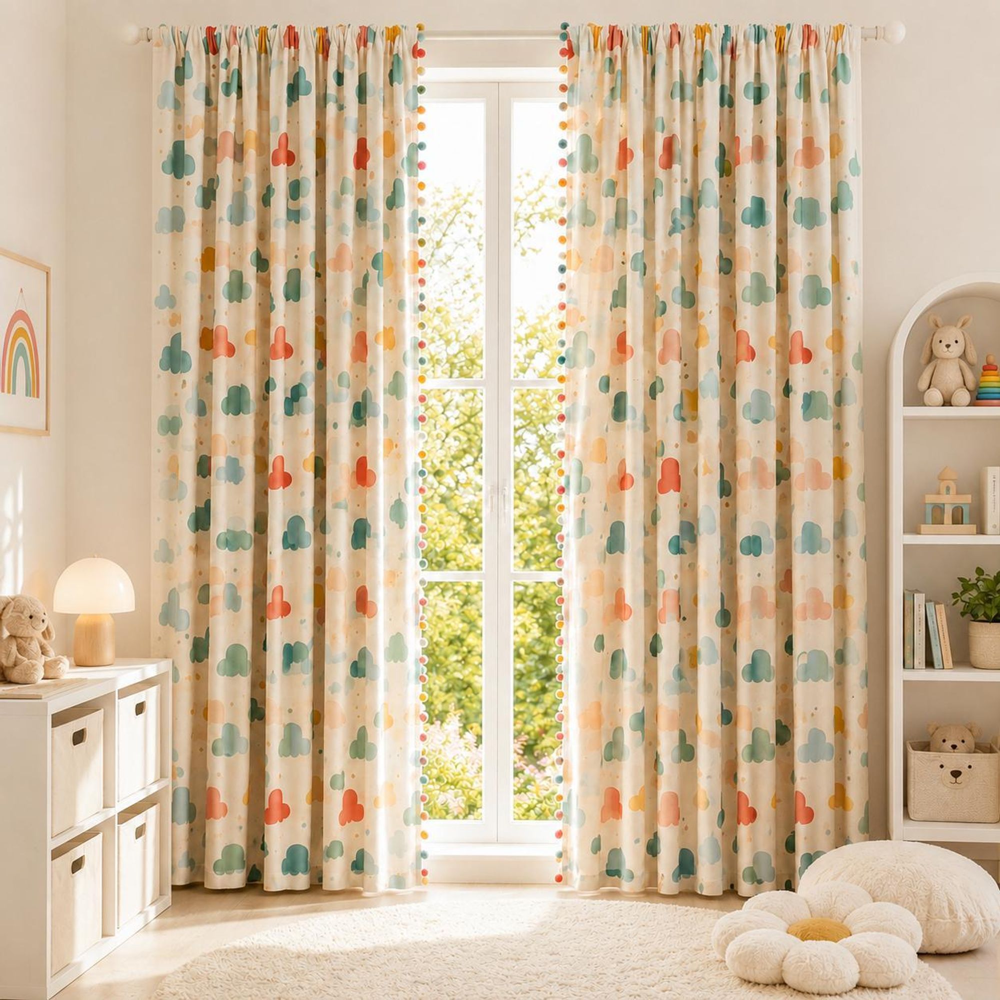 Vorhänge Kinderzimmer 2er Set Kräuselband Bunt Vorhang mit Pompons Leinenoptik 150GSM Sichtschutz Blickdicht Wolken Dekoschal Baby Mädchen 132x175cm