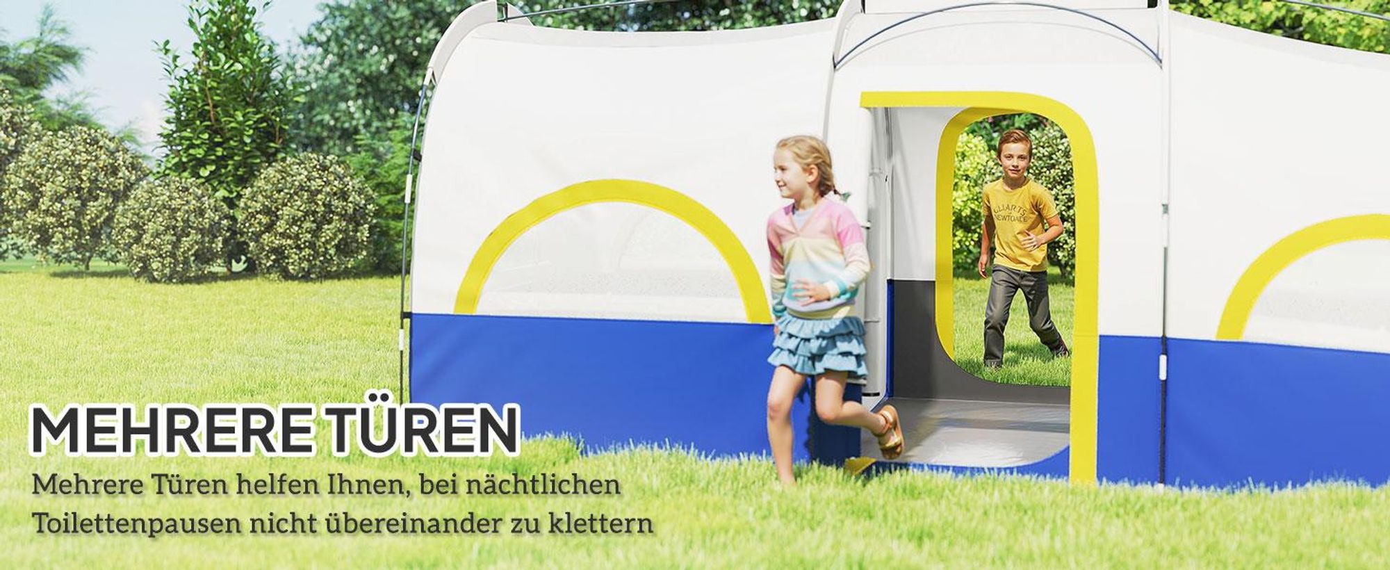 Outsunny Tunnelzelt Wetterfest Campingzelt für 4 Personen mit 3 Raum Meshfenster