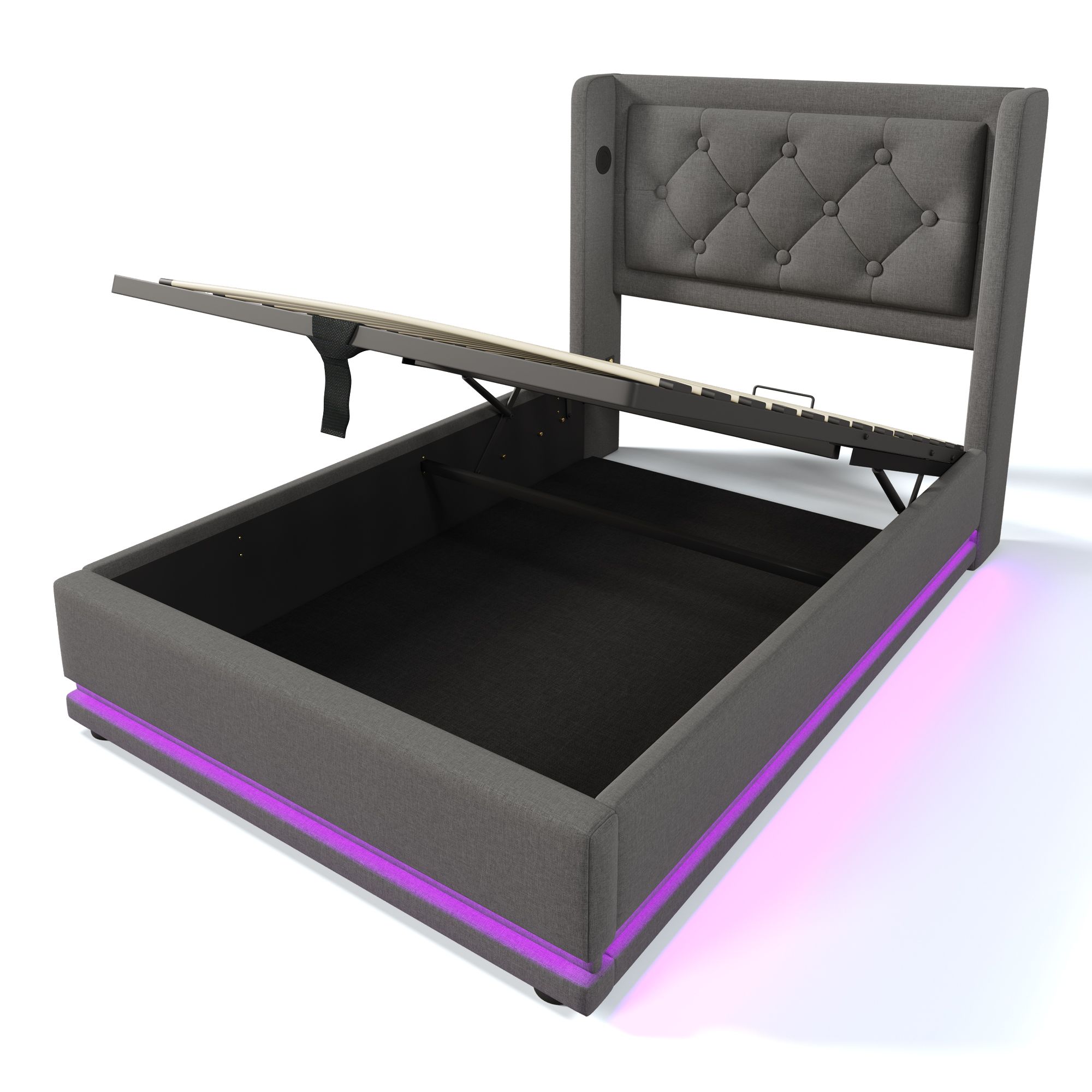 Flieks Polsterbett 90x200cm mit USB & Typ-C, Einzelbett Jugendbett mit LED, Hydraulisches Stauraumbett Boxspringbett mit Lattenrost, Baumwolle, Grau
