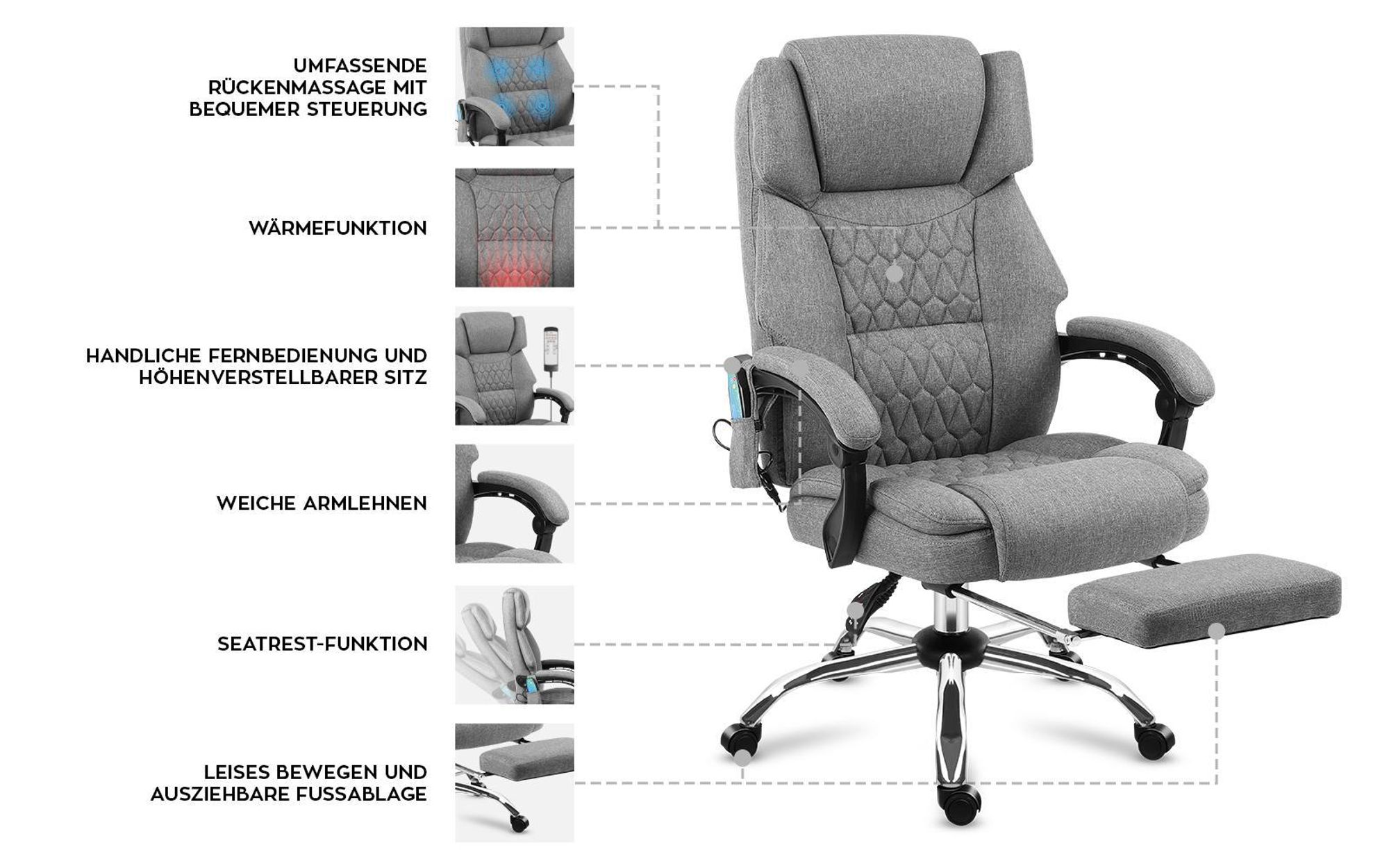 Mark Adler Boss 6.0 | Bürostuhl Massagesessel Ergonomischer Chefsessel | Massagefunktion | Fußstütze | Wärmefunktion | Drehbar | Stoff | Grau