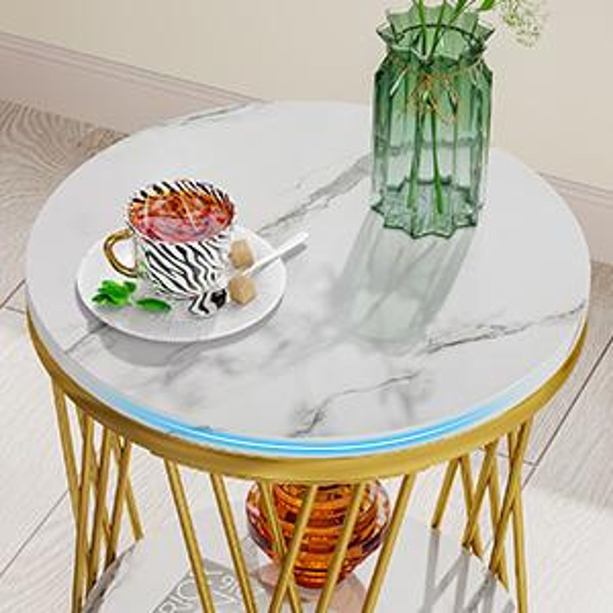 Tribesigns runder Beistelltisch, moderner Beistelltisch aus Weißgold mit Ablagen aus Kunstmarmor, 2-stufiger Nachttisch, schmaler Kaffee-/Snacktisch